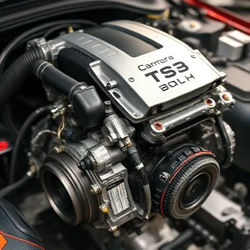 A detailed, high-quality image of a Cupra Formentor 2.0 TSI 310 hp engine undergoing a major repair. The engine should be prominently displayed, showcasing the intricate components and repair work being done. Focus on the mechanics and tools involved in the repair process.