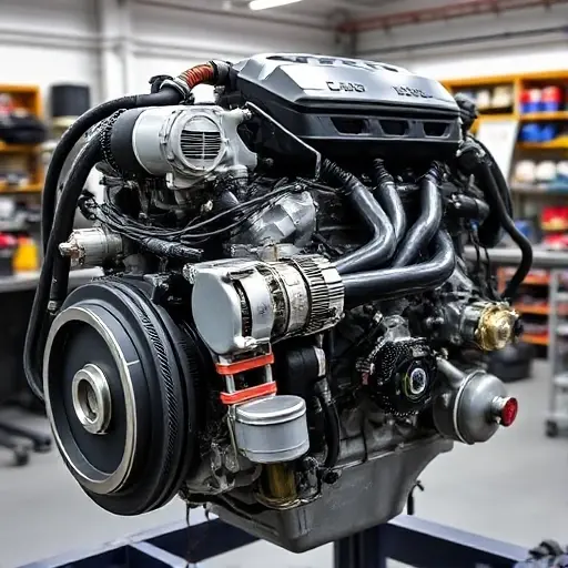 A detailed, high-quality image of a Cadillac CTS V 6.2 V8 Supercharged engine undergoing a major repair. The engine should be partially disassembled, revealing intricate components. Focus on the engine block, supercharger, and various mechanical parts. The background should be a clean, well-lit workshop environment.