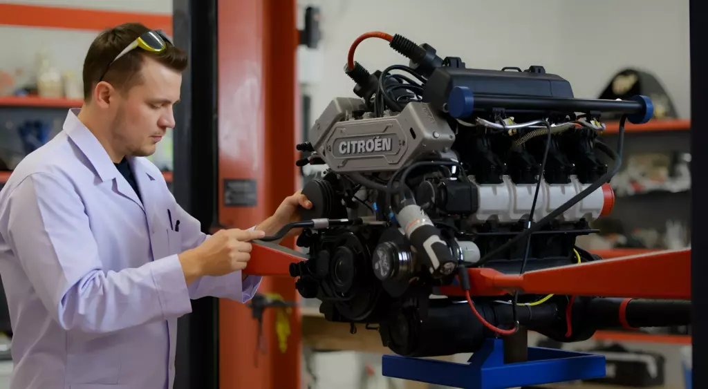 A professional automotive repair shop interior, with a mechanic in a white coveralls and safety goggles, working on a Citroën engine on a hydraulic lift. The shop is well-lit, with tools and parts displayed on a workbench. The focus is on the engine and the mechanic's hands, showing precision and expertise.