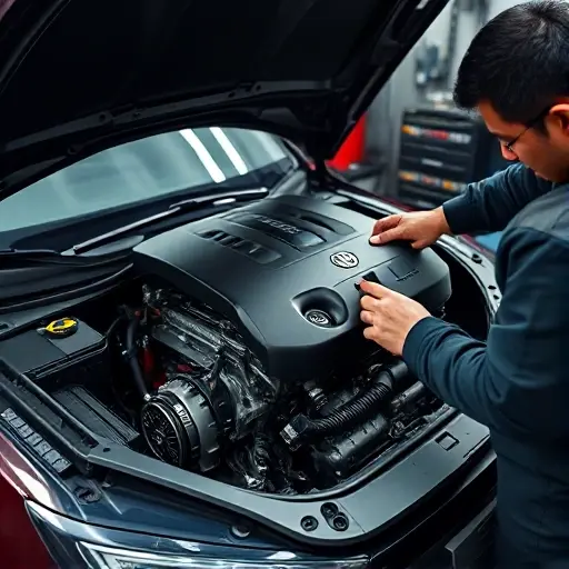 A detailed workshop scene showing a skilled mechanic repairing the 2.0 TSI 300 hp engine of a 2021 Cupra Leon. The image features an open hood with the engine block exposed, surrounded by organized tools and a workbench. The focus is on the mechanical work, with realistic lighting and a slightly blurred background to emphasize the engine and the mechanic's hands. No text, logos, or numbers should appear.