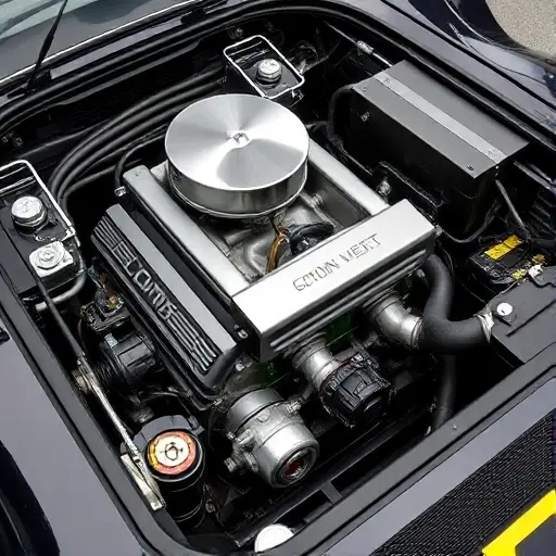 Detailed image of the Gordon Murray T.33 3.9 V12 Cosworth engine bay. Focus on the engine itself, showcasing the V12 configuration, Cosworth components, and high-performance details. Include elements of the car's interior and exterior subtly visible in the background to provide context.
