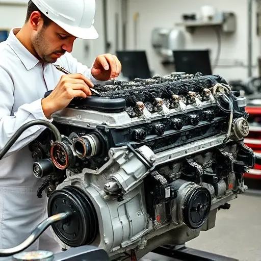 A detailed workshop scene showing a skilled mechanic performing a comprehensive overhaul of a BMW 3er E46 2.0L 170hp engine. The image should feature the engine block prominently, with visible components such as pistons, crankshaft, timing belt, and valve train. The mechanic, wearing a white coverall and a safety helmet, is carefully inspecting and cleaning parts with precision tools like a torque wrench, a small screwdriver, and a cleaning brush. The background includes a clean, organized workb
