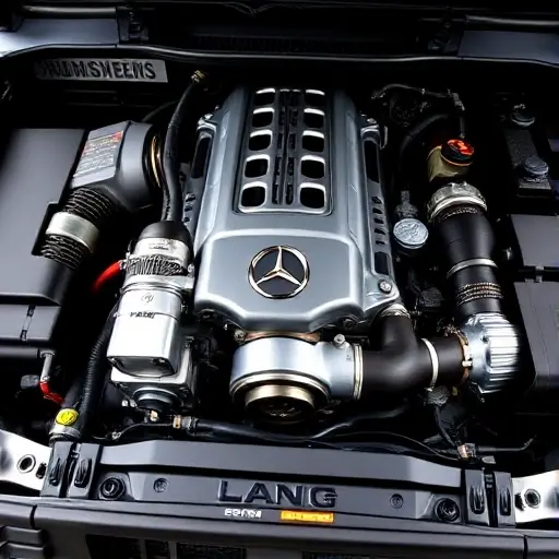 A detailed, high-quality image of the engine bay of a Mercedes-Benz G 500 4.0 V8 Turbo 42. Focus on the engine components, showcasing the turbocharger, exhaust manifold, and other key parts. The engine should be well-lit, highlighting the metallic textures and intricate details.