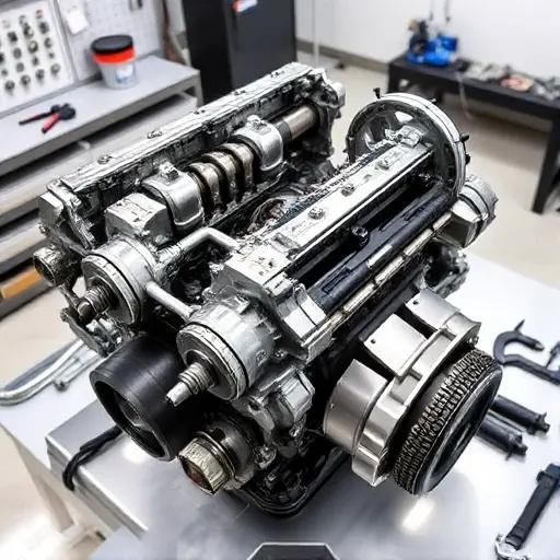 A detailed close-up of a BMW X6M 4.4 V8 engine (600 hp, 2015–present) undergoing major repair: disassembled components including pistons, crankshaft, cylinder heads, and turbochargers laid out on a clean workshop bench, with tools like torque wrenches, micrometers, and diagnostic equipment nearby; soft directional lighting highlights metal textures and precision engineering, no text or labels visible
