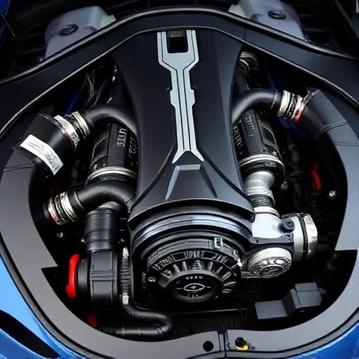 Капитальный ремонт двигателя Bugatti Mistral 8.0 L W16 Quad Turbo 1600 л.с. (2023–2024) A detailed, high-quality image of the engine bay of a Bugatti Mistral 8.0 L W16 Quad Turbo engine. Focus on the intricate details of the engine components, showcasing the advanced technology and craftsmanship. The engine should be presented in a clean, well-lit environment, highlighting the engine's power and sophistication.