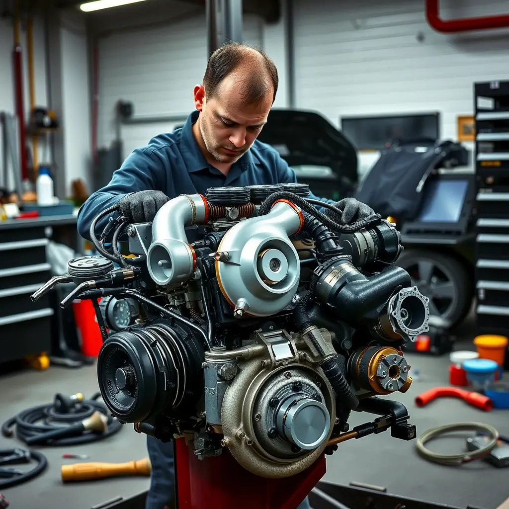 A skilled mechanic in a modern workshop is repairing a compact turbocharged engine from a Jeep Compass, with the engine partially disassembled, visible pistons, turbocharger, and tools scattered around, realistic lighting and detailed metal textures