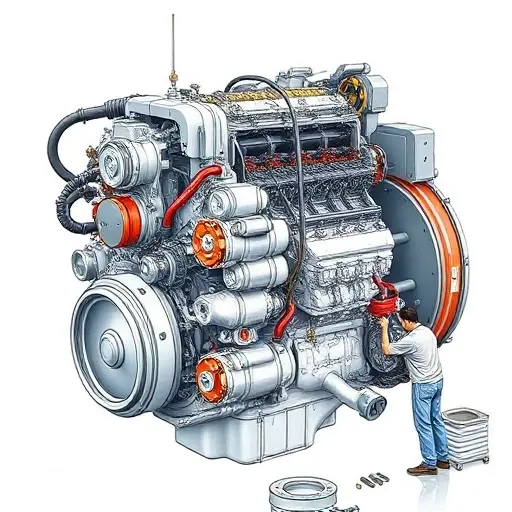A detailed illustration of a Fang Cheng Bao Bao 8 EREV 2.0T engine undergoing a comprehensive repair. The engine should be shown with visible components, tools, and technicians working on it. Focus on precision and technical accuracy.