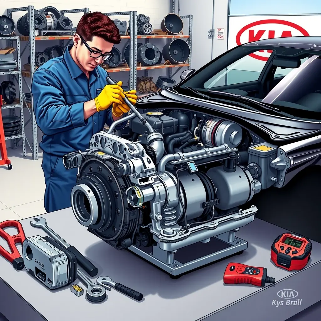 A high-detail, realistic illustration of a mechanic performing a complete engine overhaul on a Kia K5 1.6 Hybrid (2020 model). The scene shows the engine removed from the car, placed on a clean workbench with various automotive tools (wrenches, torque wrench, diagnostic scanner) scattered around. The mechanic, wearing a blue jumpsuit, safety glasses, and gloves, is tightening a piston rod while a partially disassembled engine block is visible. The background features a well-lit garage with metal shelves holding spare parts, and a subtle reflection of the Kia logo on the polished floor, without any textual elements.
