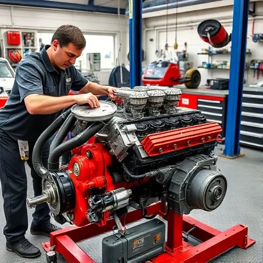 A skilled mechanic carefully repairs a high-performance V12 engine of a classic Ferrari sports car in a bright, organized workshop, with detailed engine components, professional tools, and a focus on precision craftsmanship.
