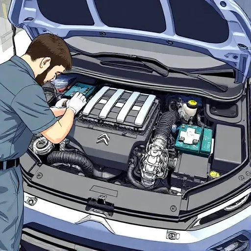 A detailed illustration of a mechanic repairing the engine of a Citroën C5 X PHEV, showing the engine bay with visible components, tools, and a focus on the hybrid powertrain elements, in a realistic style