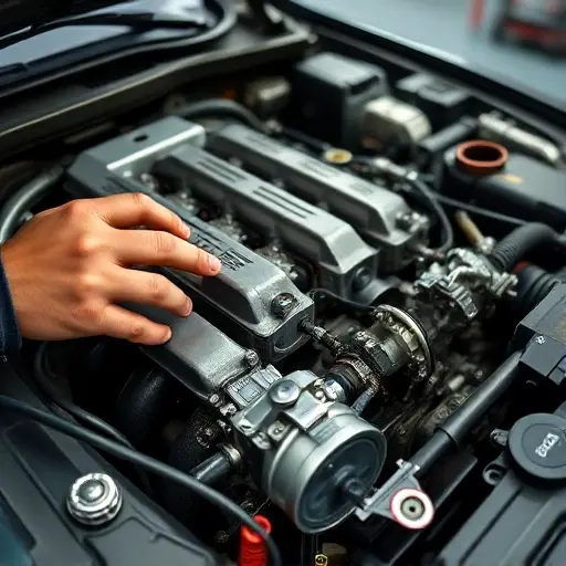 A detailed close-up of a mechanic's hands working on the engine of a Fiat 124 Spider 1.4 MultiAir Turbo, showing pistons, turbocharger, and engine block with tools such as wrenches and diagnostic equipment, set in a clean workshop environment with realistic lighting and focus on mechanical components