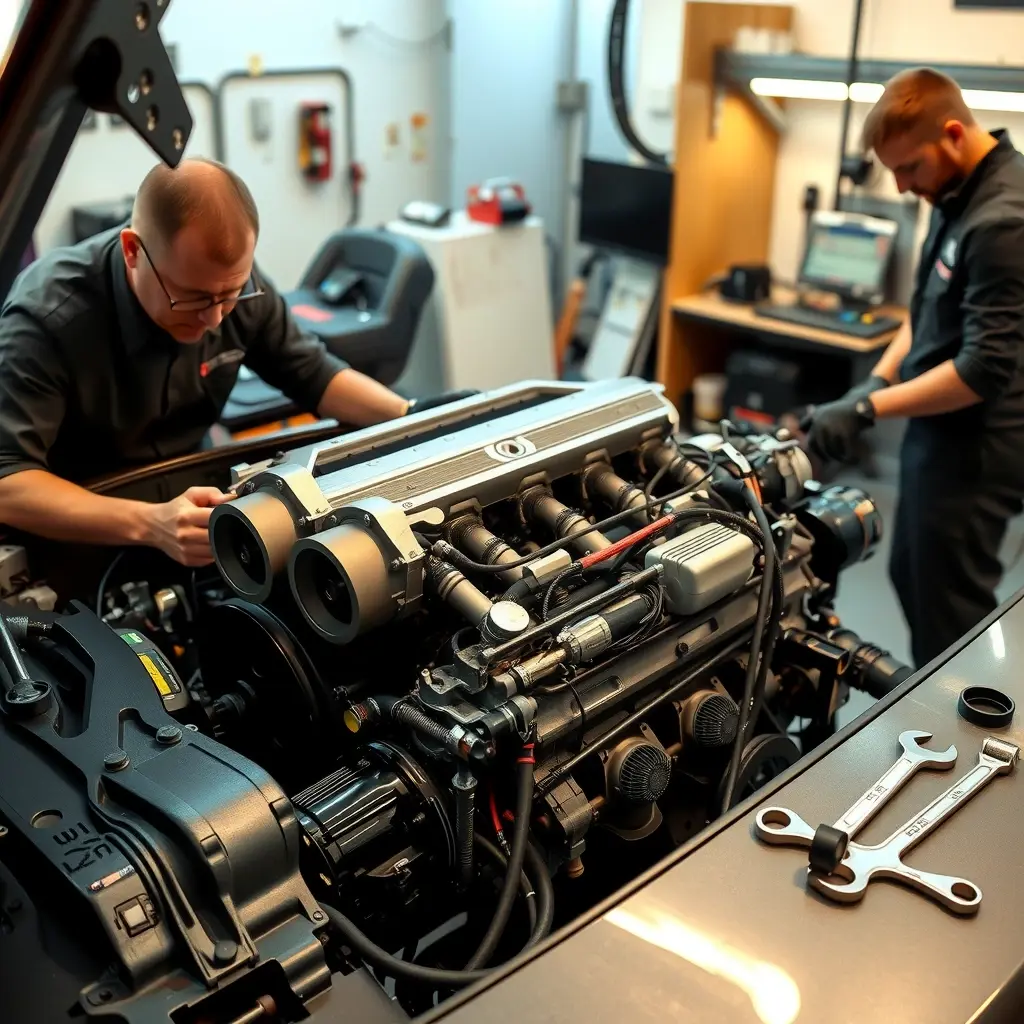 A high‑detail, realistic scene of a professional mechanic in a clean workshop carefully repairing the V8 supercharged engine of a Jaguar F‑Type. The engine block is open, showing pistons, turbocharger, and intricate wiring, with tools like wrenches and diagnostic equipment laid out. Warm lighting highlights the metallic surfaces and the sleek design of the engine components, emphasizing craftsmanship and precision.