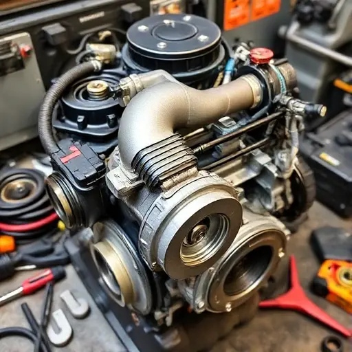 A detailed, high-quality image of a Mahindra Thar 2.0 Turbo engine undergoing a major repair. Focus on the engine block, turbocharger, and surrounding components. Show tools and parts scattered around, indicating the repair process. The engine should be well-lit, highlighting the intricate details.