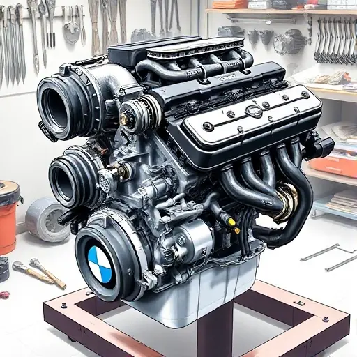 A detailed illustration of a BMW 1er E81 3.0 L R6 Turbo engine, showcasing the turbocharger, engine block, and exhaust manifold. The engine should be depicted in a workshop setting with tools and parts around it. Focus on the mechanical details and high-quality rendering.