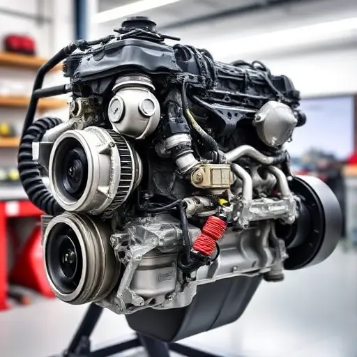 A detailed, high-quality image of a Honda CR-V 2.0 Hybrid engine undergoing a major repair. The engine should be partially disassembled, revealing intricate components. Focus on the engine block, turbocharger, and hybrid system elements. The background should be a clean, well-lit workshop environment.