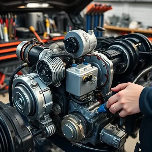 A detailed close-up of a hybrid car powertrain being repaired in a workshop, showing the internal combustion engine with a turbocharger, attached electric motor units, assorted tools, and a mechanic's hands working on the components, realistic lighting and textures, smallHQ style