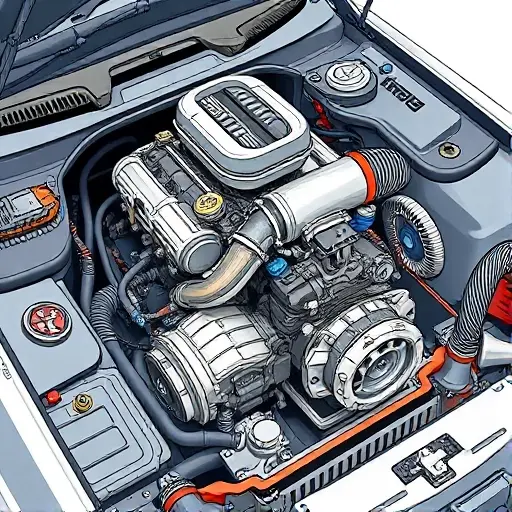 A detailed illustration of a car engine undergoing repair. Focus on the engine block, turbocharger, and various components. Show tools and parts scattered around the engine bay, indicating a major overhaul. The engine should be partially disassembled, revealing internal mechanisms.