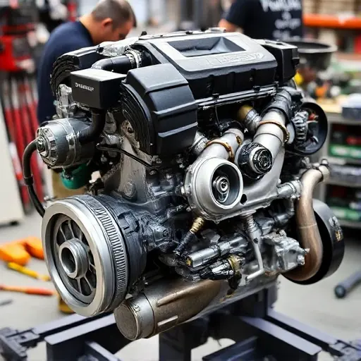 A detailed, high-quality image of a Cadillac XT5 2.0 Turbo engine undergoing a major repair. The engine should be partially disassembled, revealing intricate components. Focus on the engine block, turbocharger, and exhaust system. Tools and technicians working on the engine should be subtly visible in the background. The lighting should be bright and focused on the engine.