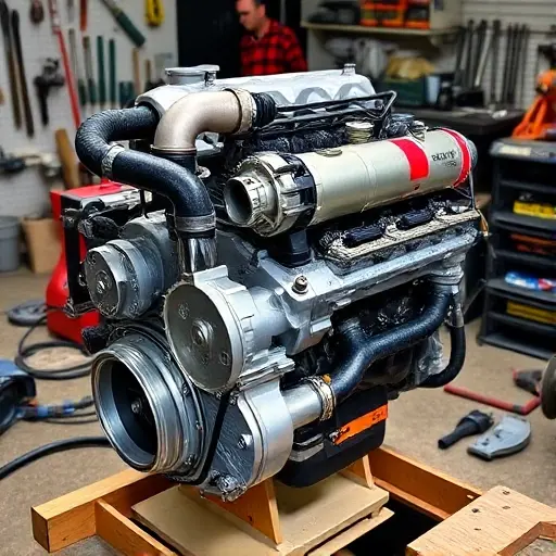 A detailed, high-quality image of a Citroën C5 X 1.6 Turbo 180 hp (2024) engine undergoing a major overhaul. The engine should be shown in a workshop setting, with various tools and parts scattered around. Focus on the engine's components, highlighting the turbocharger, intake manifold, and exhaust system. The lighting should be bright and focused on the engine.