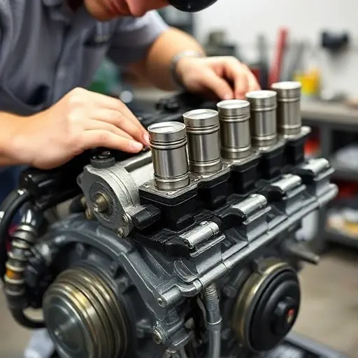 A detailed close-up of a mechanic repairing the 2.0 TSI engine of a Cupra Formentor, showing the engine block, pistons, and tools, with a focus on technical precision and a clean workshop environment.