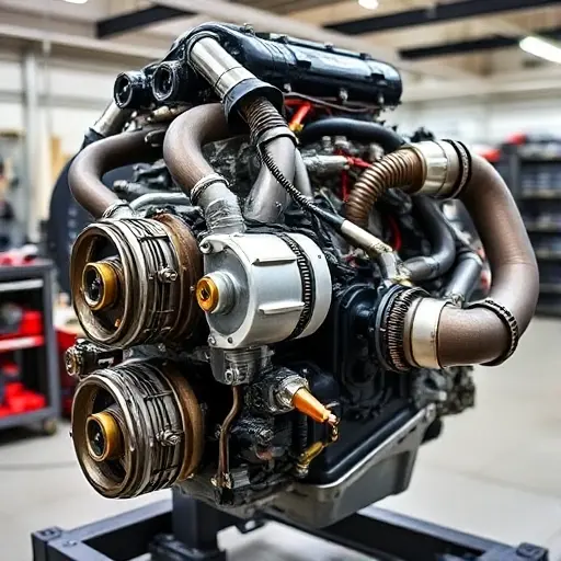A detailed, high-quality image of a Ferrari 488 GTB 3.9 V8 Turbo engine undergoing a major repair. The engine should be partially disassembled, revealing intricate components. Focus on the engine block, turbocharger, and exhaust system. The background should be a clean, well-lit workshop environment.