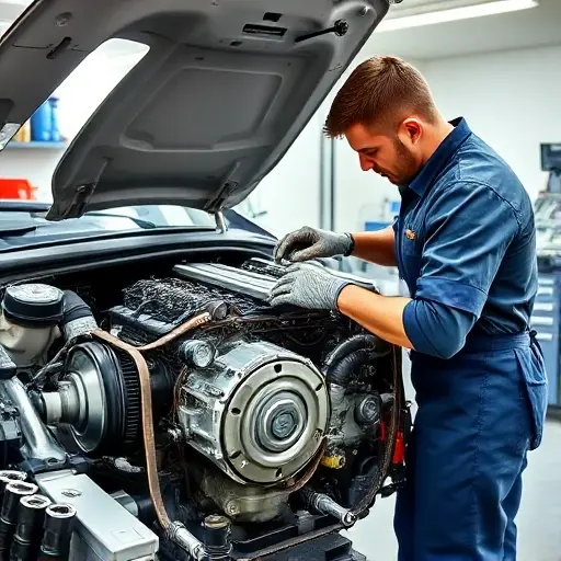 A detailed, realistic depiction of a mechanic repairing the 1.2 PureTech 130 hp engine of a 2016 DS 3. The scene shows an open engine bay with the engine block, cylinder head, timing belt, and various tools such as a torque wrench, socket set, and a diagnostic scanner. The mechanic, wearing a work apron and gloves, is carefully removing a valve cover and inspecting the camshaft. The background is a clean garage with a workbench, a car hood open, and a subtle light source highlighting the engine components. No text, letters, or digits should appear in the image.