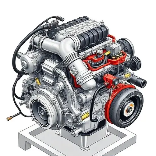 A detailed illustration of a GAC Trumpchi M8 2.0 Turbo engine undergoing a major repair. Focus on the engine block, turbocharger, and surrounding components. Show tools and technicians working on the engine.