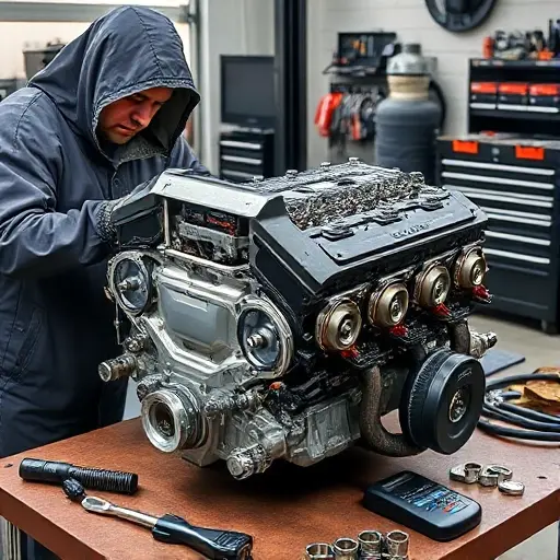 A detailed workshop scene showing a skilled mechanic in a protective cover, carefully disassembling a Dodge Charger Scat Pack 6.4 V8 HEMI engine. The engine block is prominently displayed, with visible pistons, crankshaft, and cylinder heads. Tools such as a torque wrench, socket set, and a diagnostic scanner are arranged neatly on a workbench. The background is a clean garage environment with a workbench, a hydraulic lift, and a neatly organized toolbox. The focus is on the mechanical precision and the intricate components of the high-performance engine.