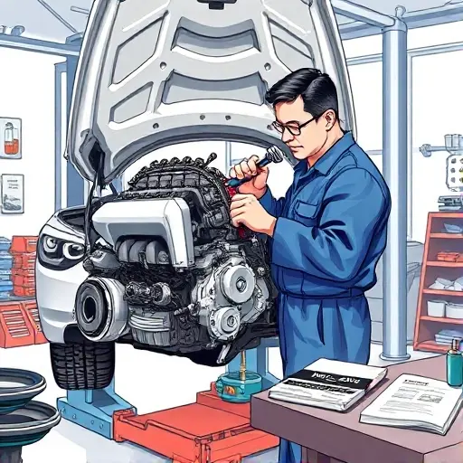 A detailed illustration of a mechanic performing a major engine overhaul on a BMW 1 Series F20 1.5L (109 hp) engine from the 2011-2020 model years. The scene shows the car lifted in a clean garage, the hood open, the engine block exposed with bolts, pistons, and timing chain visible. The mechanic, wearing a blue jumpsuit and safety glasses, uses a wrench and diagnostic tools, with a service manual and spare parts (gaskets, filters) laid out on a nearby workbench. Soft lighting highlights the met