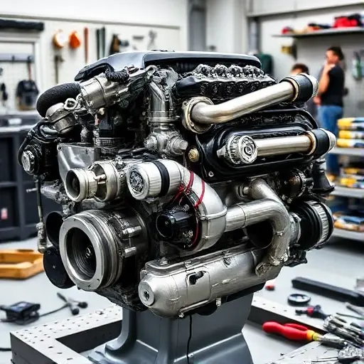 A detailed, high-quality image of a Fiat 124 Spider 1.4 MultiAir Turbo engine undergoing a major repair. The engine should be partially disassembled, revealing intricate components. Focus on the engine block, turbocharger, and intake/exhaust systems. Tools and repair parts are scattered around the engine. The background should be a clean, well-lit workshop environment.