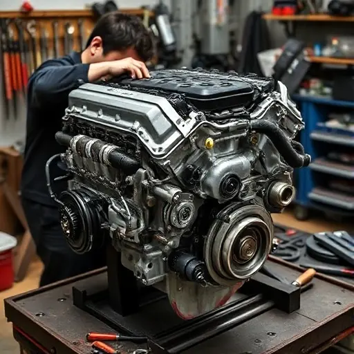 A detailed workshop scene showing a mechanic repairing a Citroën DS3 1.6 THP 150 hp engine, with the engine disassembled on a workbench, tools scattered around, and a focus on the engine block and cylinder head, all in a realistic style