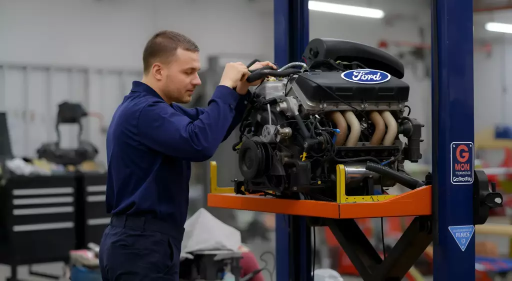 A detailed photo of a mechanic in a workshop, wearing a blue coveralls, working on a Ford engine on a hydraulic lift, with tools and parts scattered around, bright overhead lighting, clean and professional environment.