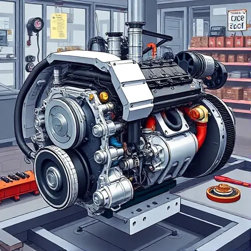 A detailed illustration of a Range Rover Sport 3.0 I6 MHEV engine undergoing a major repair. Focus on the engine block, components, and tools being used. The scene should depict mechanics working on the engine in a workshop setting.