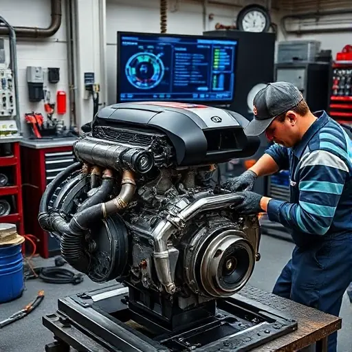 A detailed workshop scene showing a mechanic repairing a Bugatti Divo quad‑turbo engine, with the engine block exposed, tools scattered around, and a high‑tech diagnostic screen in the background, all in a realistic style