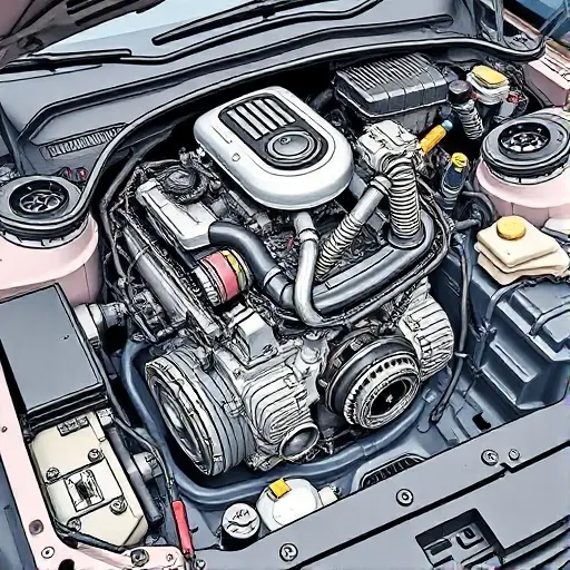 A detailed illustration of a car engine undergoing repair. Focus on the engine block, turbocharger, and various components. Show tools and parts scattered around the engine bay. The engine should be partially disassembled, revealing internal mechanisms.