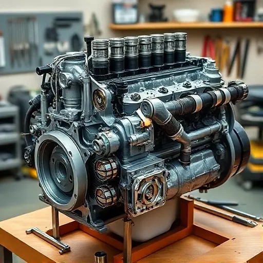 A detailed, realistic image of a disassembled Aston Martin Rapide 5.9L V12 engine. Focus on the engine block, cylinder head, and visible components like pistons, connecting rods, and valve train. The engine should be presented on a clean, well-lit workbench with various tools subtly placed around it. The overall composition should highlight the complexity and precision engineering of the engine.