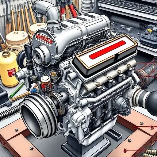 A detailed illustration of a Daihatsu Copen 0.66 L Turbo engine undergoing a major overhaul. The engine should be prominently displayed, showcasing various components like the turbocharger, intake manifold, and exhaust system. Tools and parts related to engine repair should be visible in the background, suggesting the ongoing work. The overall scene should convey a sense of precision and mechanical expertise.