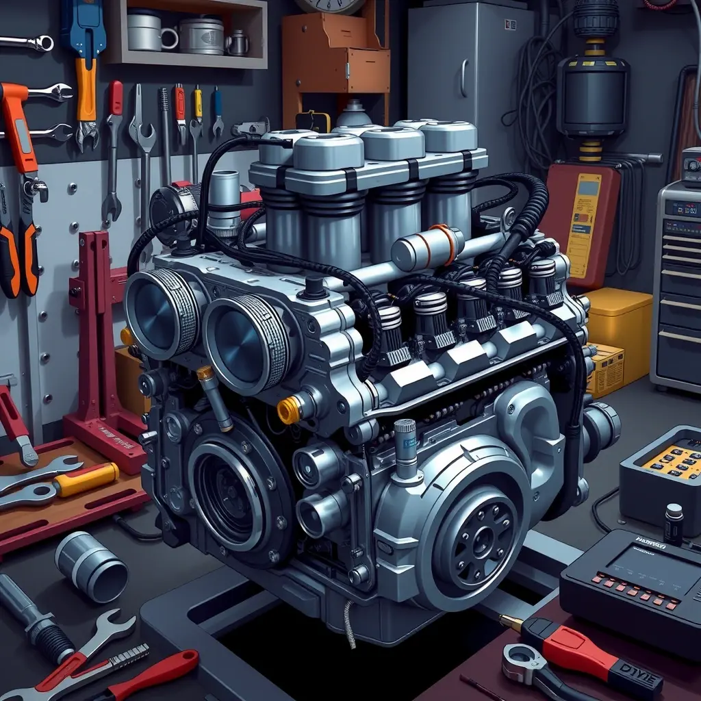 A detailed, high-resolution illustration of a mechanic's workshop focusing on a Hummer H1 6.5 Turbo diesel engine being repaired. The engine block is open, showing pistons, turbocharger, fuel injectors, and wiring. Various tools such as wrenches, torque wrench, and diagnostic equipment are scattered around. The lighting highlights the metallic surfaces and the intricate components, emphasizing the mechanical complexity without any text or branding.