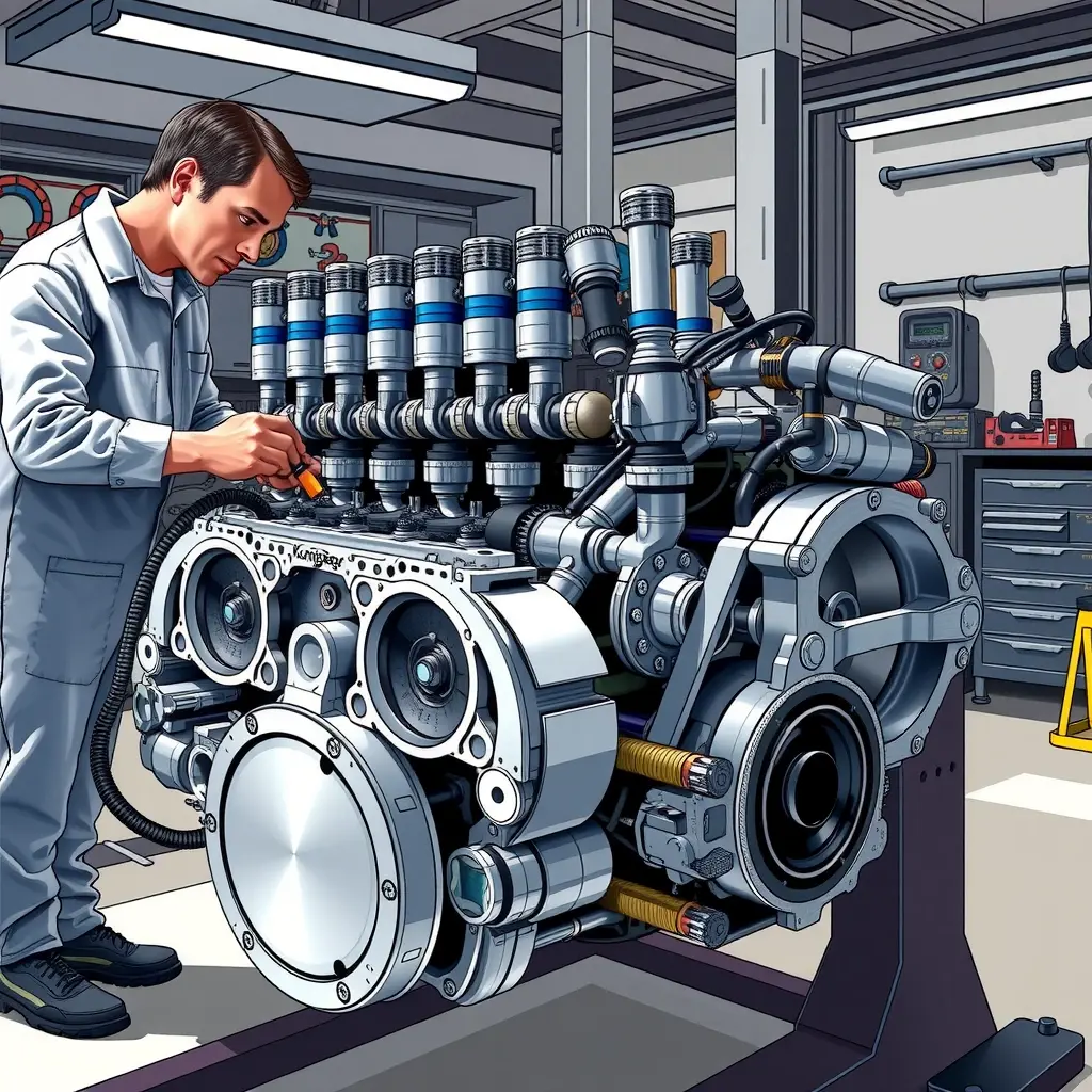 A detailed, high-resolution illustration of a Koenigsegg Jesko 5.1 L V8 engine being repaired in a modern workshop. The scene shows a professional mechanic in clean coveralls, using precision tools on the engine block, with visible pistons, turbochargers, and fuel system components. The lighting highlights the metallic surfaces and intricate details, emphasizing the power and engineering of the 1600 hp engine. The background is a tidy garage with subtle equipment, no text or logos.