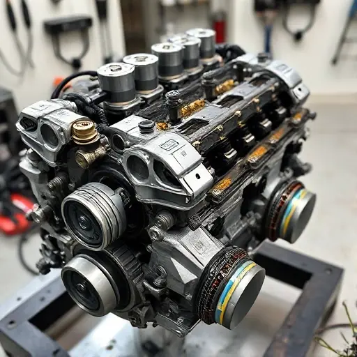 A detailed close-up of a BMW M5 E60 5.0 V10 engine undergoing major repair, showing disassembled components like pistons, crankshaft, and cylinder heads on a clean workshop bench, with tools and oil stains visible, soft directional lighting highlighting metal textures, no text or logos present
