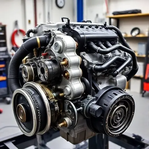 A detailed, high-quality image of a Fisker Karma PHEV engine undergoing a major repair. Focus on the engine block, visible components, and tools being used. The scene should be well-lit in a professional workshop setting.
