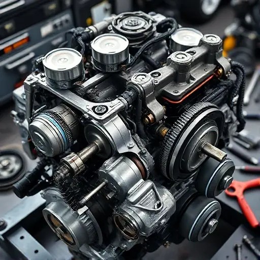 A detailed close-up of a BMW 3 Series G20 2.0L engine (156 hp, 2019–present) undergoing major repair, showing disassembled components like pistons, crankshaft, cylinder head, and timing chain laid out on a clean workbench with professional mechanic tools, soft natural lighting, high-resolution macro detail, realistic textures of metal and oil, no text or labels visible