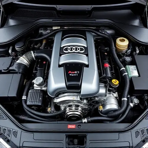 A detailed, high-quality image of a fully restored Audi A8 4.2 V8 TDI 385 hp engine bay. Focus on the engine components, showcasing the rebuilt engine, new parts, and clean, polished surfaces. The lighting should be bright and highlight the engine's details.