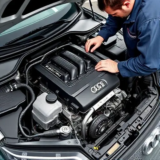 A detailed, realistic depiction of a mechanic working on the engine of an Audi A3 1.4 TFSI (2012-2016). The engine should be partially disassembled, showcasing the internal components. The mechanic is wearing a uniform and using specialized tools. Focus on the engine bay and the repair process.