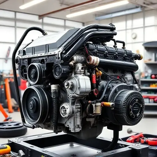 A detailed, high-quality image of a Chevrolet Suburban 5.3 V8 engine undergoing a major repair. The engine should be partially disassembled, revealing internal components. Focus on the engine block, cylinder head, and visible parts of the V8 configuration. Tools and repair equipment are scattered around the engine. The background should be a clean, well-lit workshop environment.