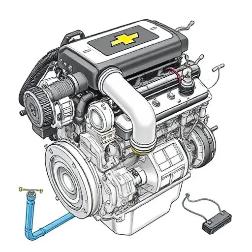 A detailed illustration of a Chevrolet Equinox 1.5 Turbo engine undergoing a major repair. Focus on the engine block, turbocharger, and surrounding components. Show tools and technicians working on the engine.