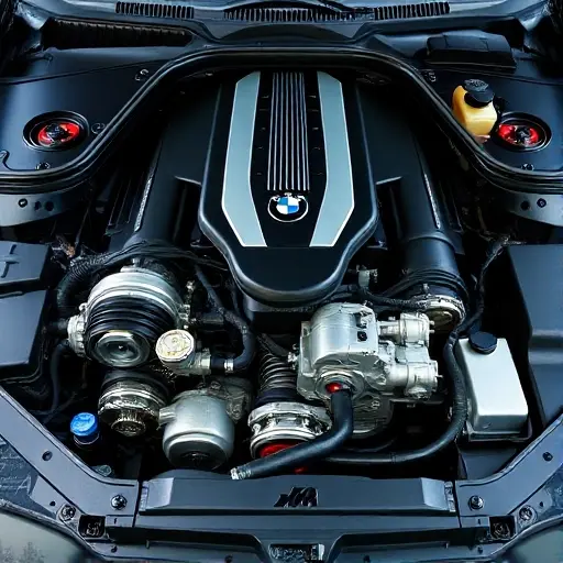 A detailed, high-quality image of a BMW M5 E39 4.9 V8 engine bay. The engine should be prominently displayed, showcasing the engine components, wiring, and other details. Focus on the engine's complexity and high-performance design. The lighting should be realistic, highlighting the engine's textures and metallic surfaces.