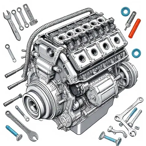 A detailed illustration of a Dacia Logan 1.0 SCe 90 hp engine undergoing a major repair. Focus on the engine block, cylinder head, and associated components. Show tools and parts commonly used in engine repair, such as wrenches, screwdrivers, and replacement parts. The engine should be partially disassembled, revealing internal components.