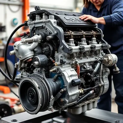 A detailed, high-quality image of a Ford Mustang GT 5.0 V8 engine undergoing a major repair. The engine should be partially disassembled, revealing intricate components. Focus on the engine block, cylinder head, and various parts being worked on by a mechanic. The background should be a clean, well-lit workshop environment.