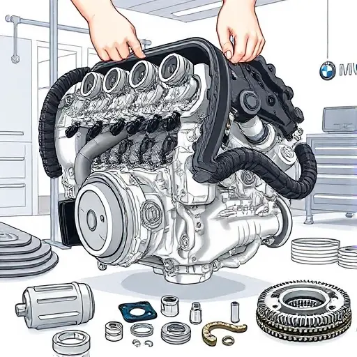 A detailed illustration of a BMW 1 Series F20 2.0L engine undergoing a complete overhaul in a clean workshop. The engine block is open, showing pistons, crankshaft, and valves, with mechanic's hands using tools like a torque wrench and socket set. Parts such as gaskets, bolts, and a timing chain are scattered nearby. The scene is realistic with subtle lighting, focusing on the mechanical components without any text or branding.